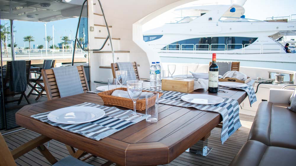 dinette at aft deck of luxury yacht Dionysos